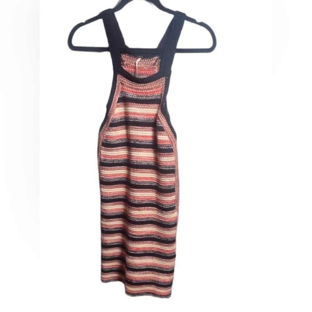 Free People cotton blend bohemian crochet retro ruby Striped Knit Black dress XS - Picture 2 of 5
